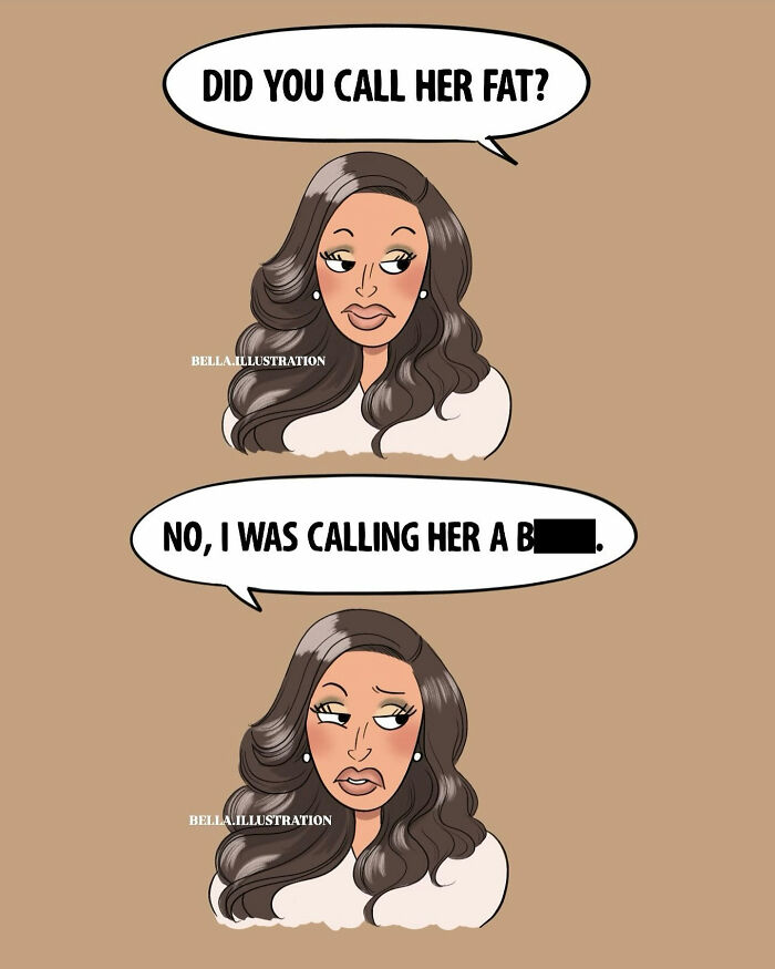 Humorous comic by Bella Maris showing a woman reacting to an insult, relatable for parents.