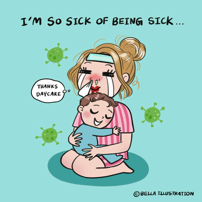 Humorous comic by Bella Maris illustrating a sick parent holding a baby, relatable for parents.