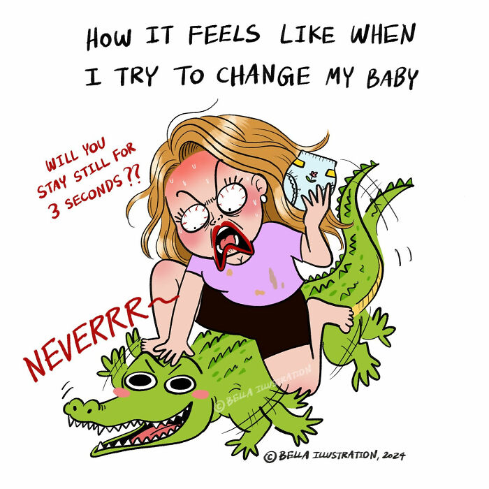 Humorous comic by Bella Maris depicting a parent trying to change a baby, very relatable for parents.