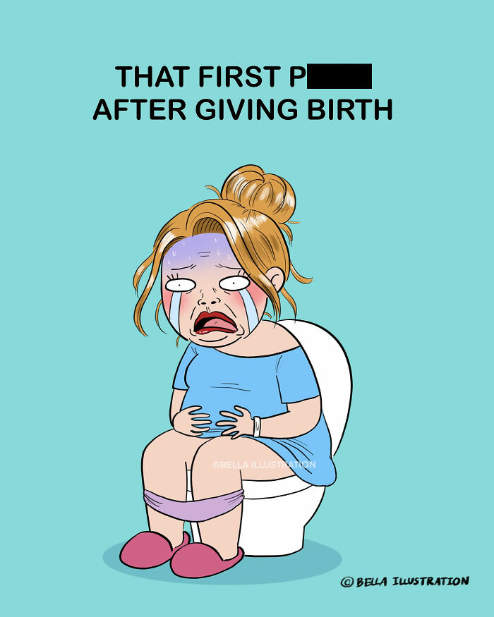 Humorous comic by Bella Maris showing a parent struggling after giving birth, very relatable for new parents.