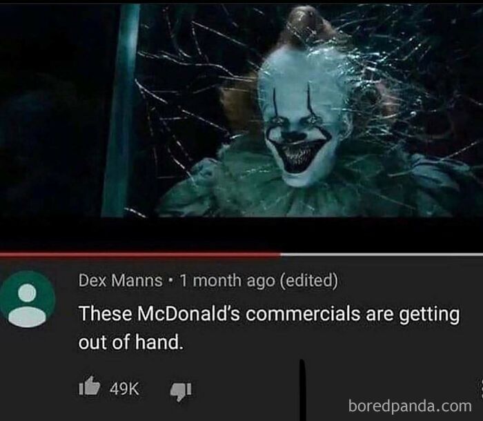 A screenshot showing Pennywise the clown from the movie IT with a YouTube comment about McDonald's commercials, a moment of gold.