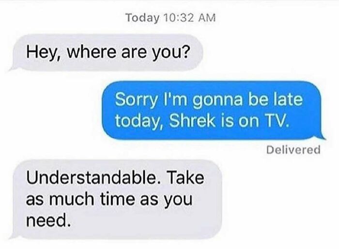 Savage text reply explaining being late because Shrek is on TV