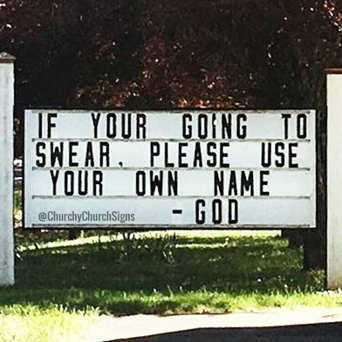 Church sign humor about swearing and using your own name from God