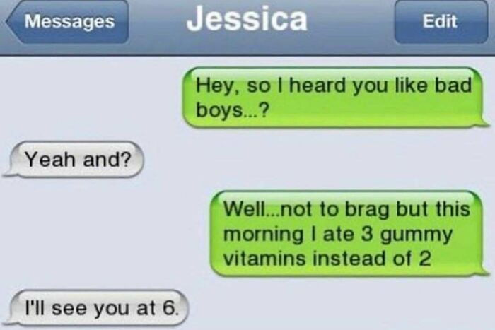 Savage text reply joking about liking bad boys and vitamins