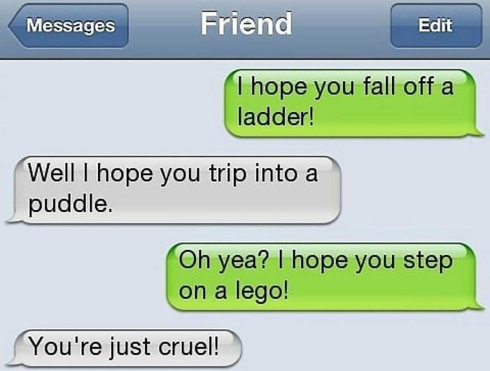 Savage text replies exchanging playful curses with harsh comebacks in messages