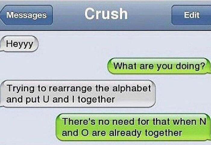 Savage text reply rejecting crush with clever alphabet joke