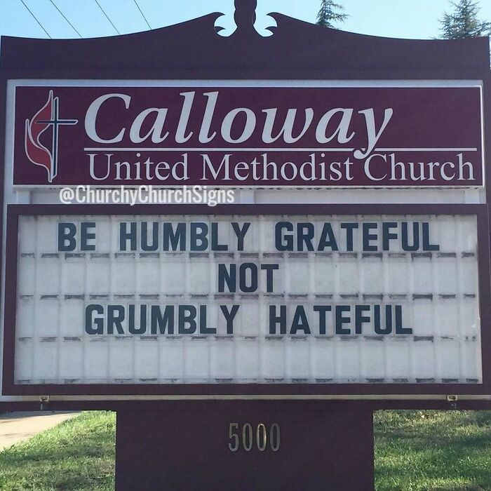 Inspirational church sign advising to be humbly grateful not grumbly hateful