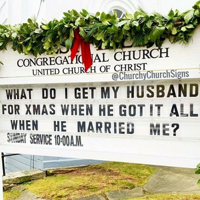 Hilarious church sign joking about what to get husband for Christmas after marriage