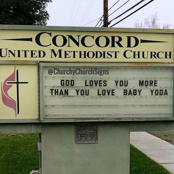 Playful church sign comparing God's love to loving Baby Yoda at Concord United Methodist Church
