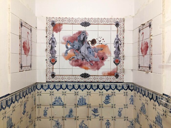 Decorative tile works featuring mythological horse and classical figures on wall