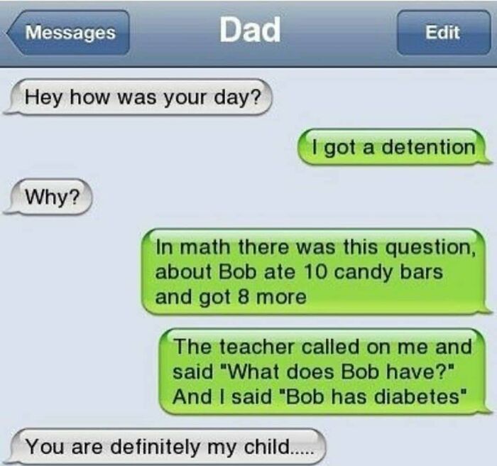 Savage text reply about detention and diabetes joke to dad