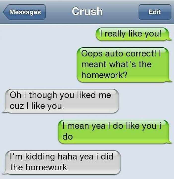 Funny text replies with a savage auto correct joke about liking and homework