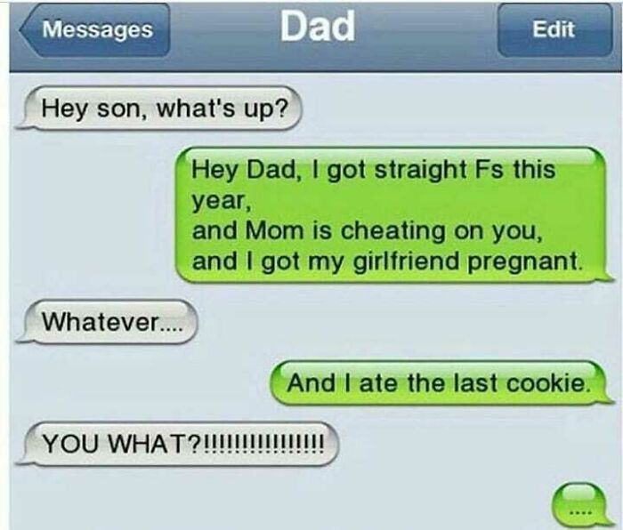 Savage text reply from son revealing shocking news to dad humorously