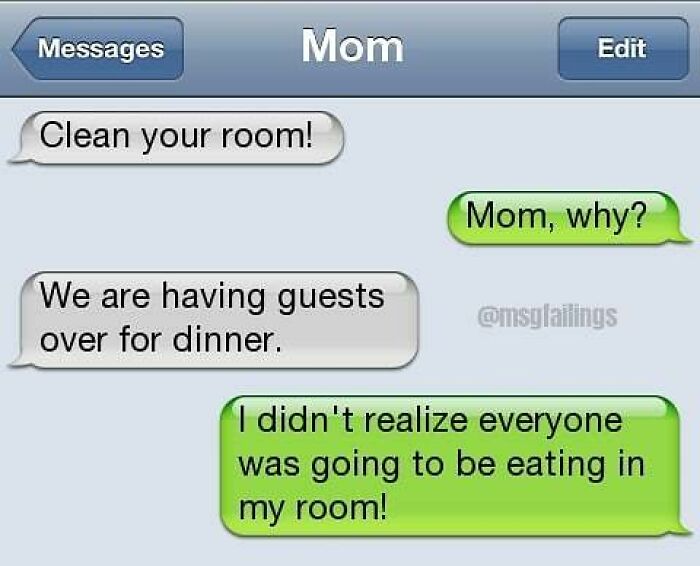 Savage text funny reply about eating in room when guests come