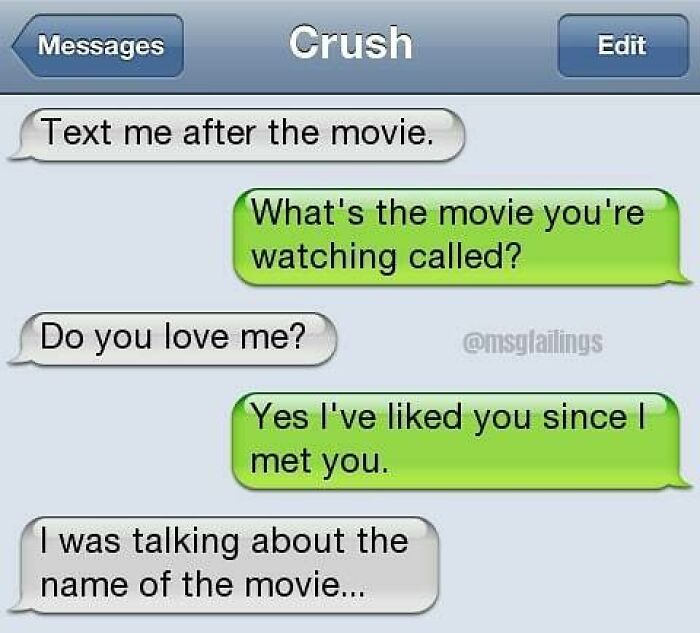 Witty text conversation about misunderstanding the movie title and love