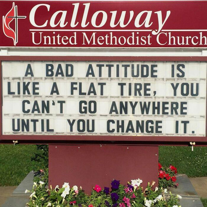 Inspirational church sign comparing a bad attitude to a flat tire