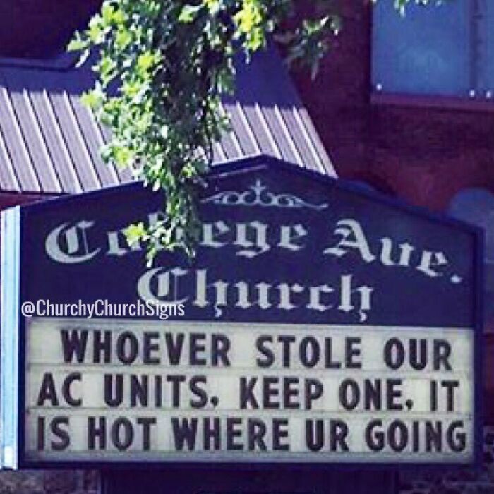 Funny church sign about stolen AC units warning of hot destination