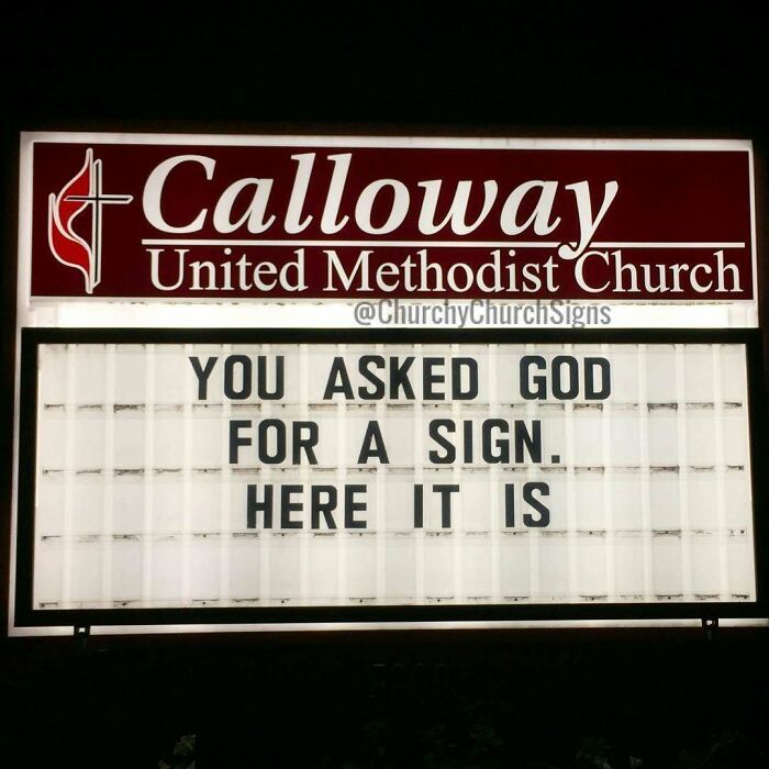 Calloway United Methodist Church sign with humorous message about a sign from God