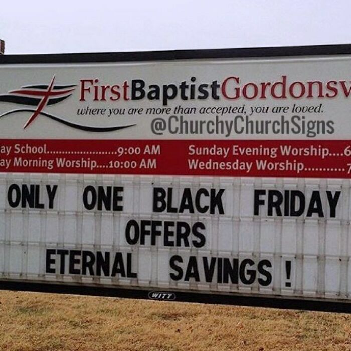 First Baptist Gordonsville church sign promoting a Black Friday with eternal savings