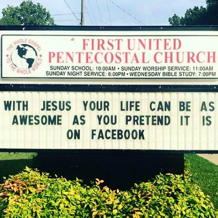 Witty church sign about life being awesome as you pretend on Facebook