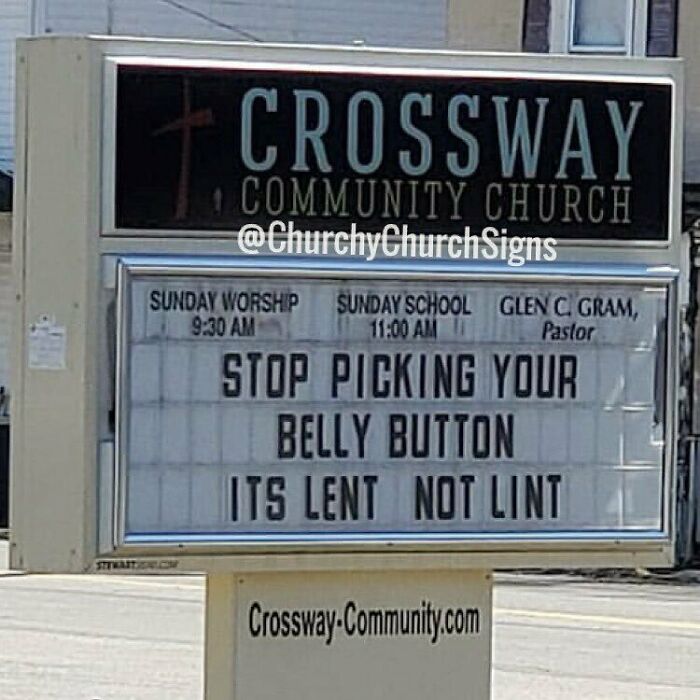 Crossway Community Church sign telling people to stop picking belly button during Lent