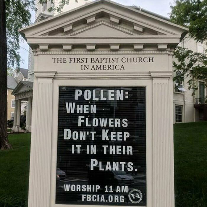 Hilarious church sign about pollen and flowers outside First Baptist Church