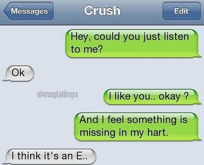 Savage text reply to crush with missing letter joke in heart