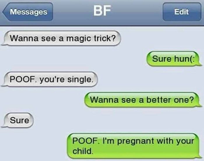 Savage text reply with magic trick ending with pregnancy reveal