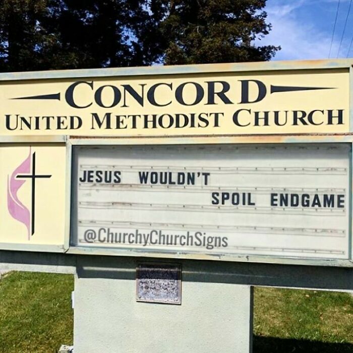 Concord United Methodist Church sign humor about Jesus and Endgame spoiler