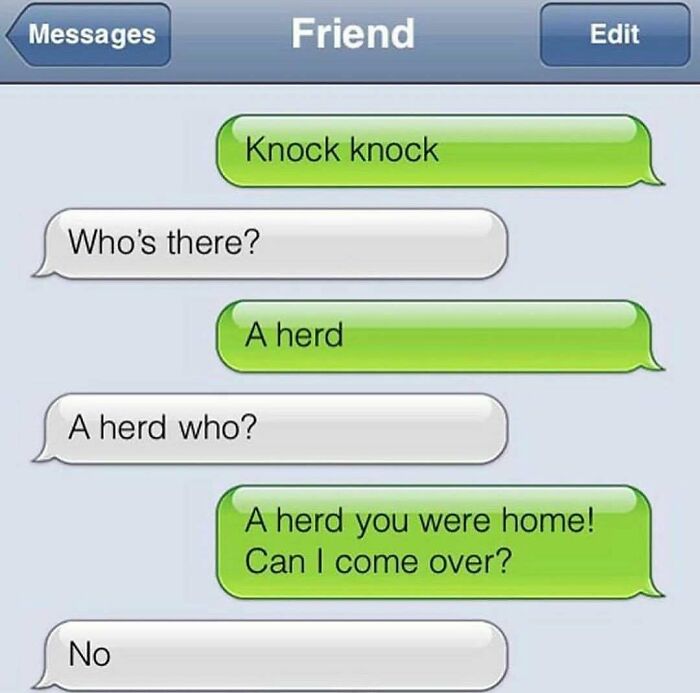 Savage knock knock joke text ending with a no