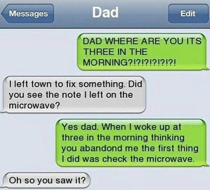 Savage text reply about dad leaving note on microwave at three in the morning
