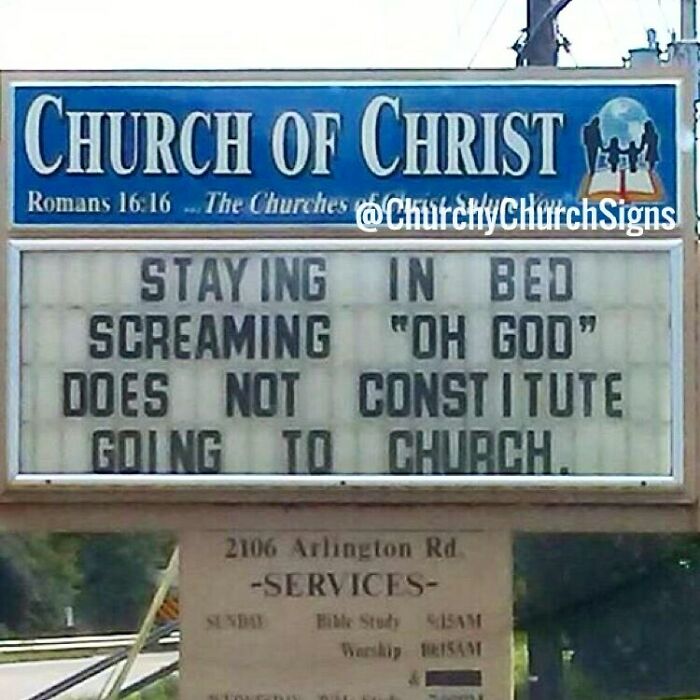 Church of Christ sign joking about staying in bed not being church attendance