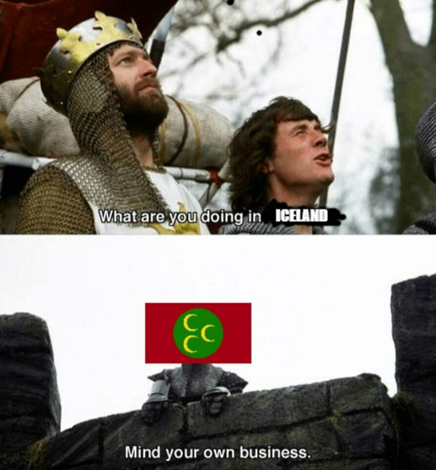 A funny history meme showing King Arthur asking what the Ottoman Empire flag is doing in Iceland.