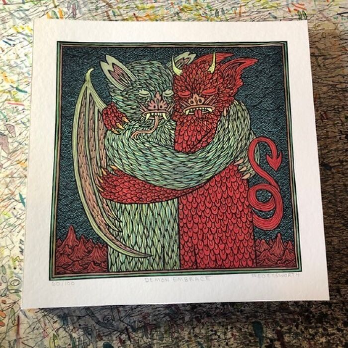 Theo Ellsworth print showing a bat and demon creature embracing
