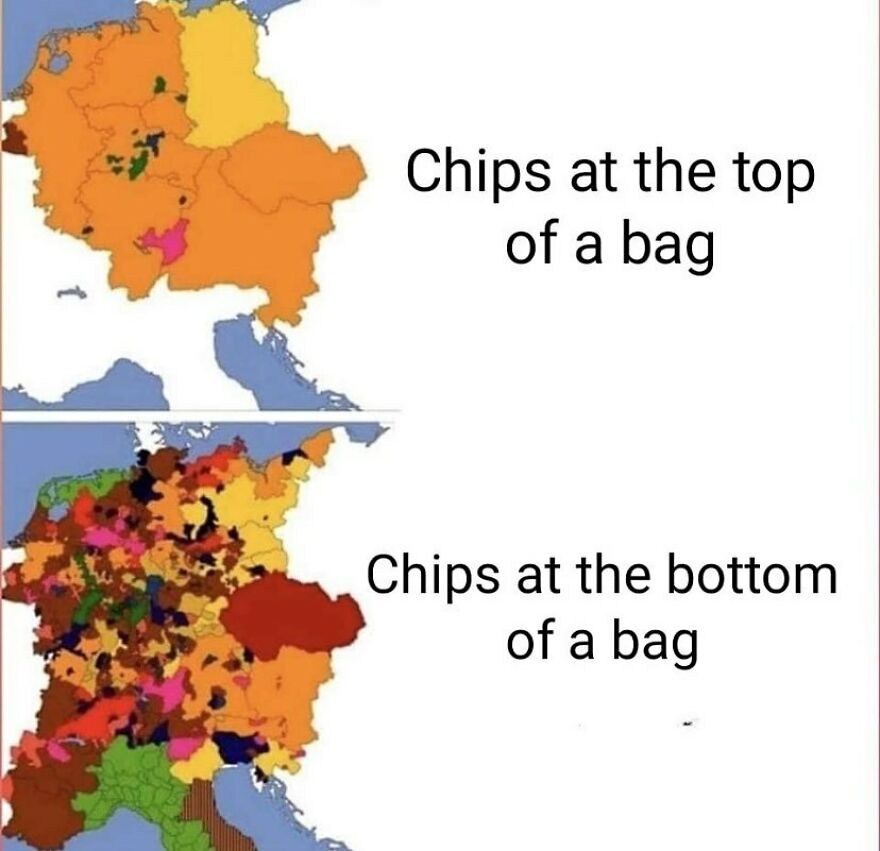 An educational history meme comparing Holy Roman Empire borders to chips at the bottom of a bag.