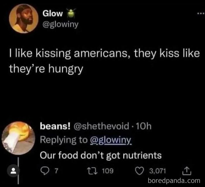 A funny meme tweet from @glowiny about Americans kissing like they are hungry and a reply about food nutrients. Sarcasm humor.