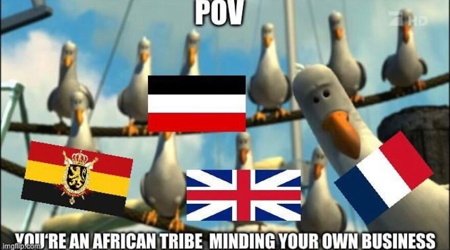 A funny history meme showing seagulls representing colonial powers surrounding an African tribe.