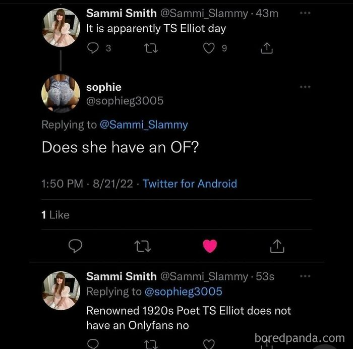 Funny meme about TS Elliot and OnlyFans, reflecting unhinged humor.