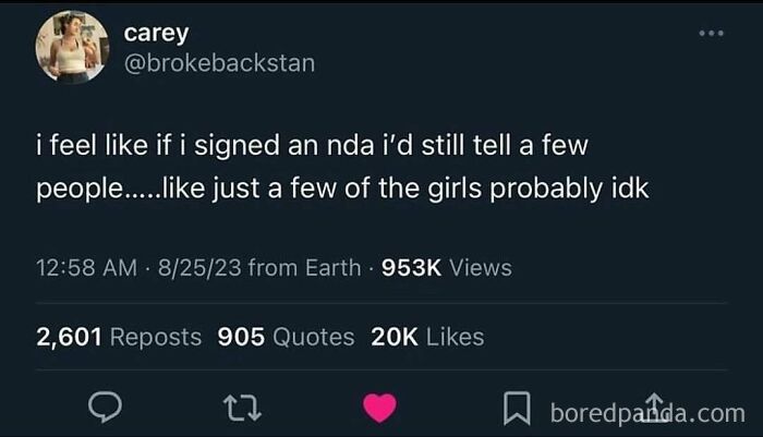 A funny meme tweet from @brokebackstan about signing an NDA and still telling a few girls. Unhinged humor.
