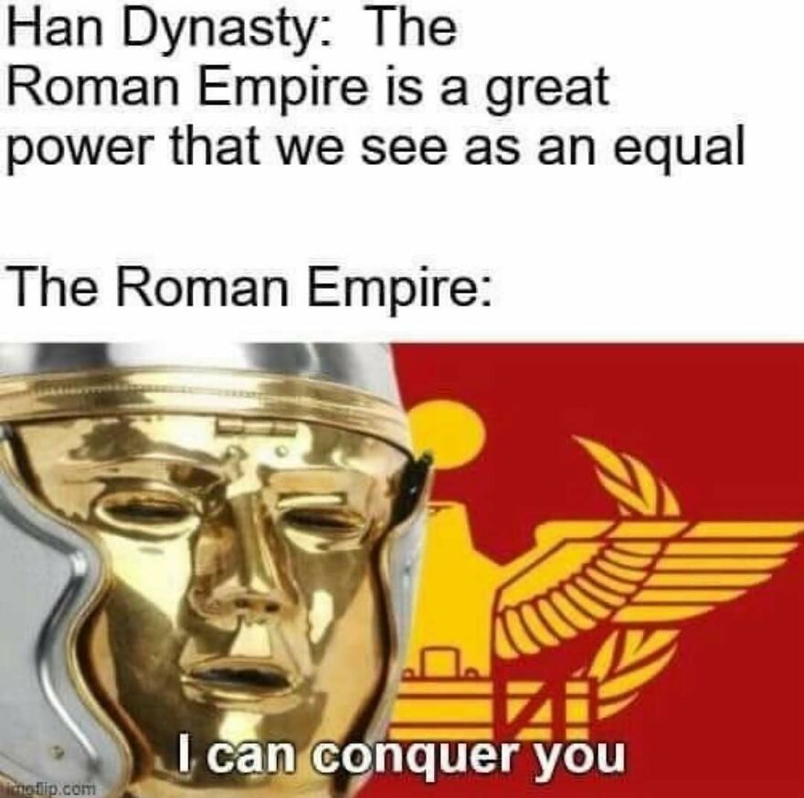 Roman empire meme depicting a golden helmet over a red eagle flag, illustrating funny history memes.