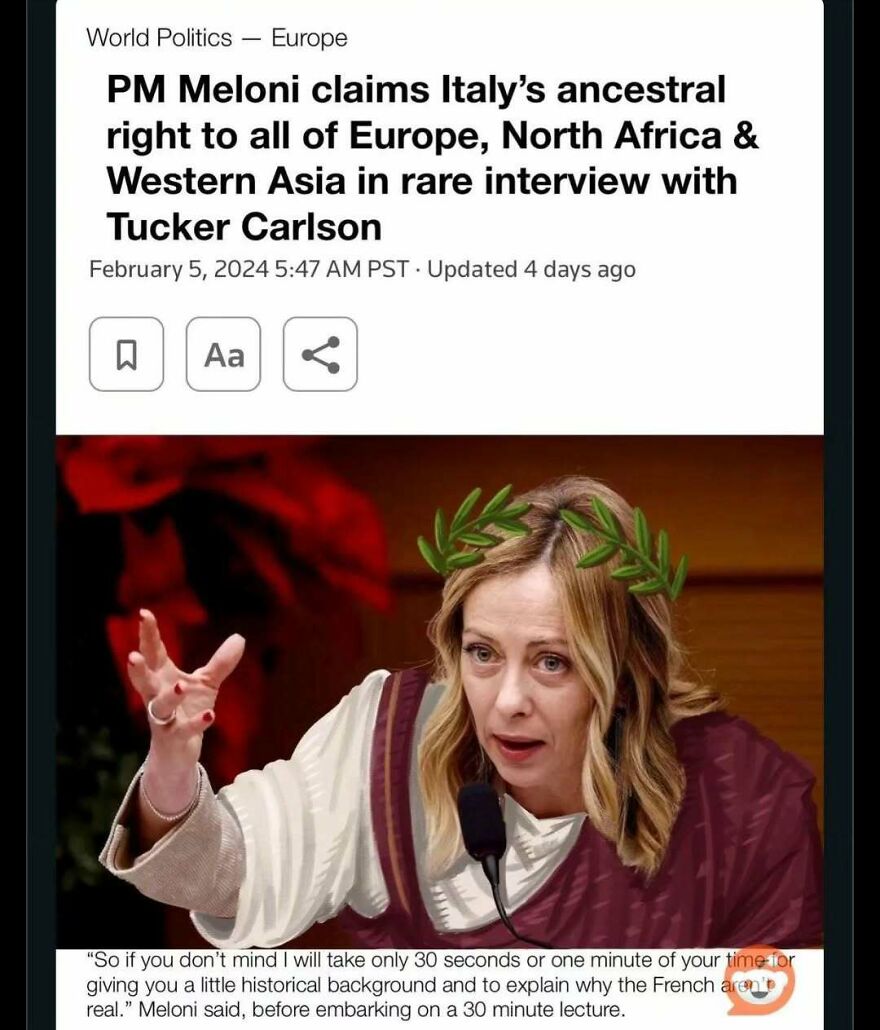 An edited news headline showing Meloni dressed in a Roman toga from history memes