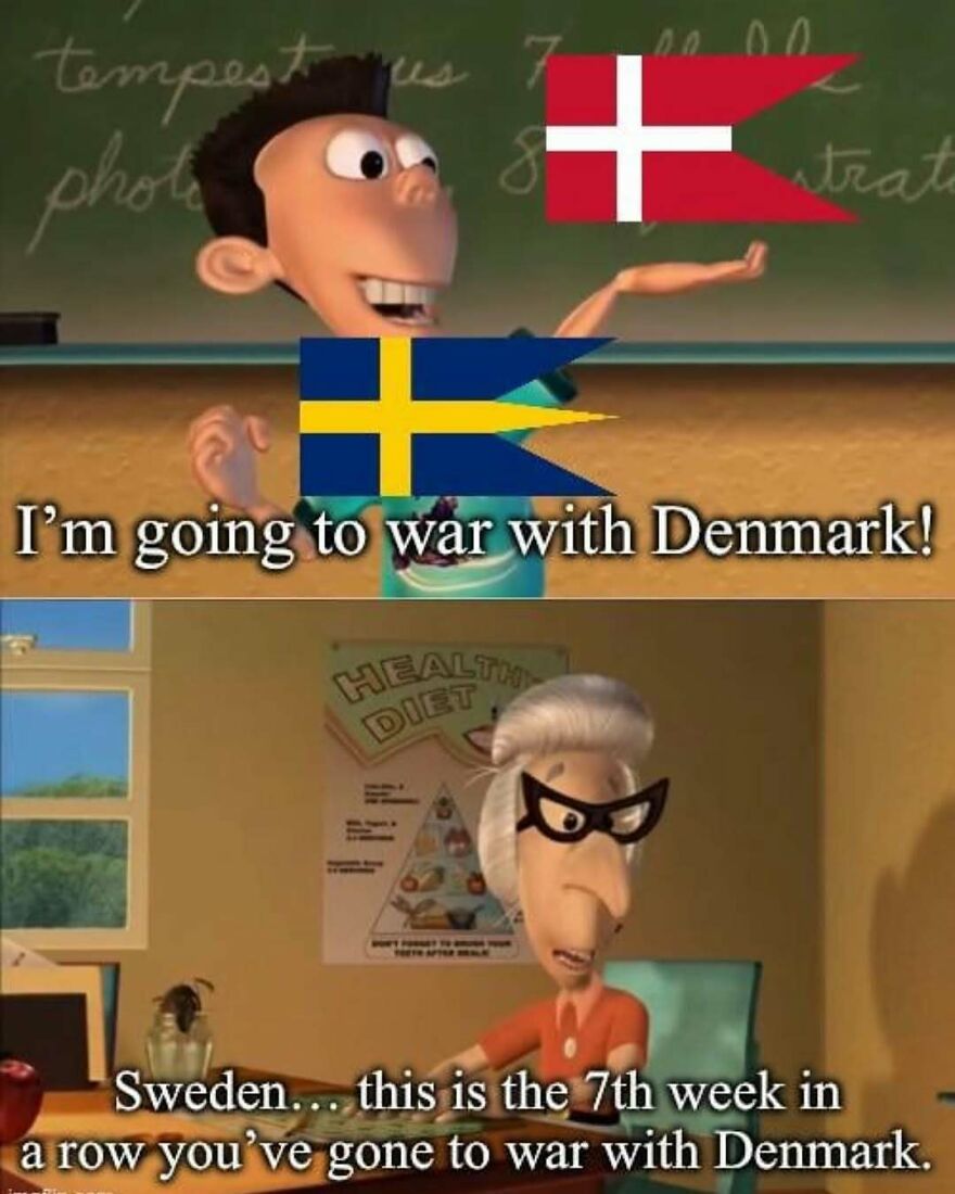 A funny history meme featuring cartoon characters representing Sweden going to war with Denmark.