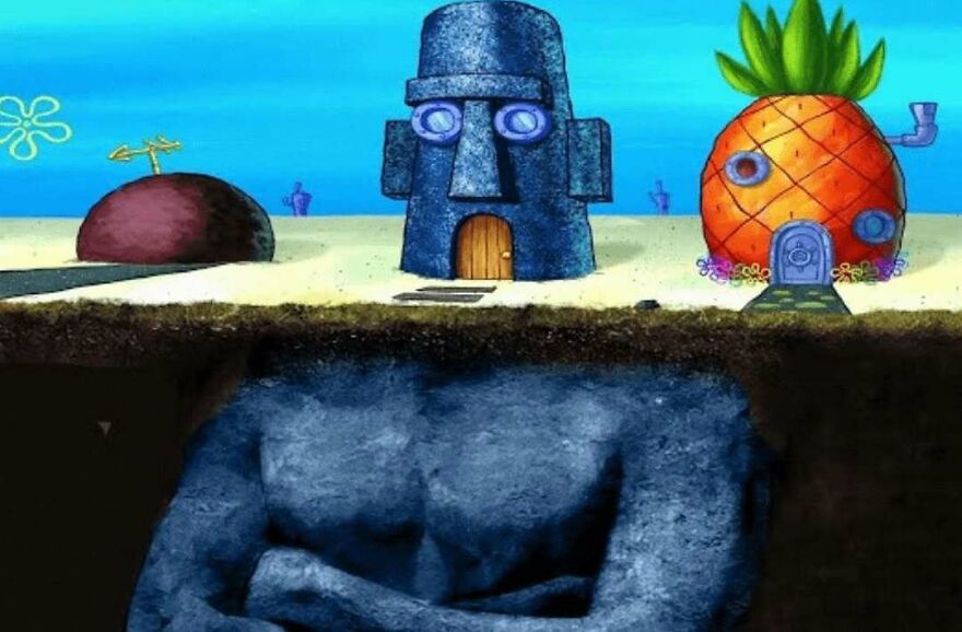 An uncomfortable and disturbing pic of a SpongeBob world with a hidden giant statue body.