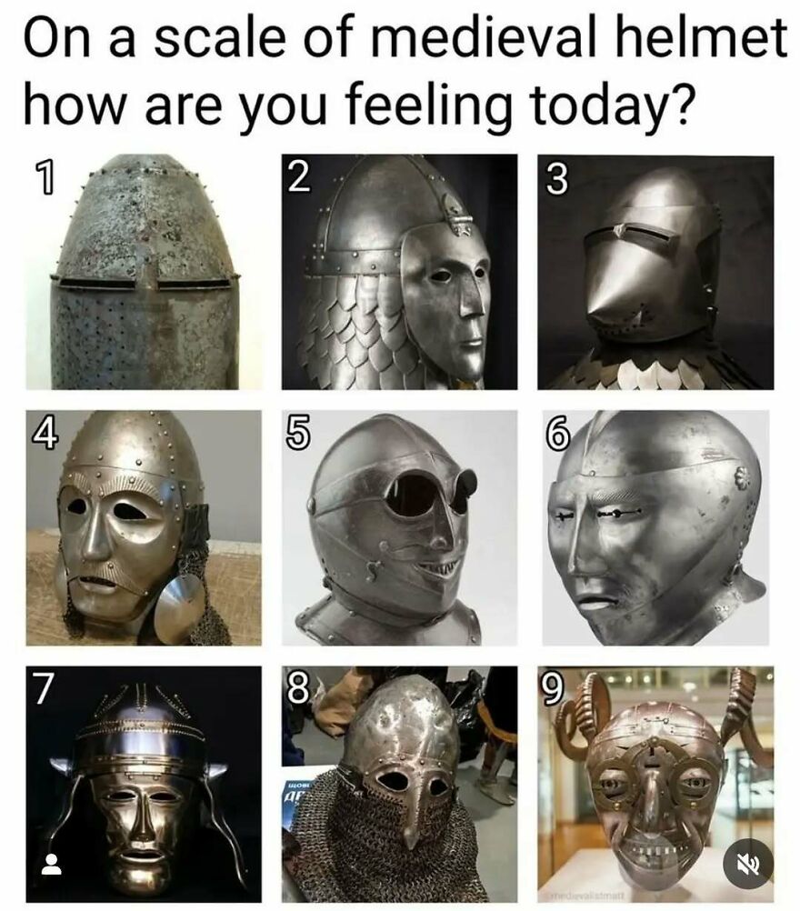 History memes of medieval helmets displaying different mood levels