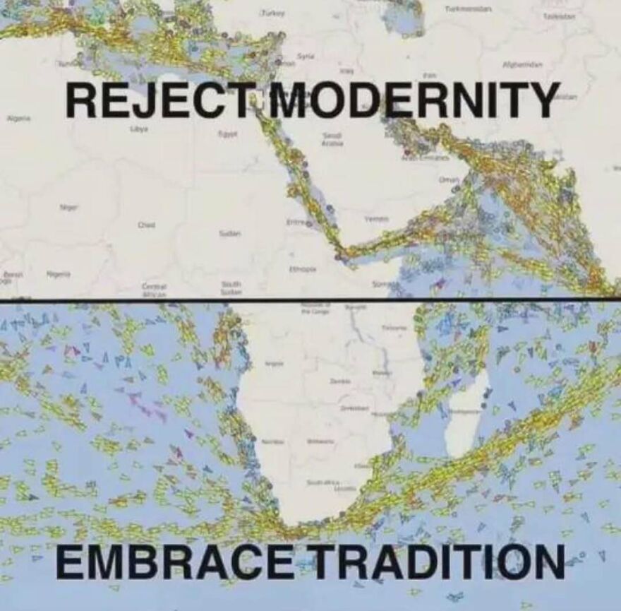 A map showing two shipping routes with text about modern and traditional sea travel history memes.