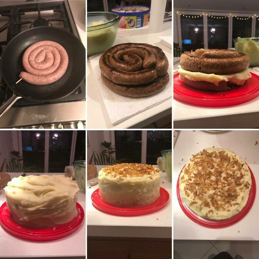 A six-panel collage showing the process of making a sausage cake, from raw sausage to decorated cake, a chaotic and disturbing pic.