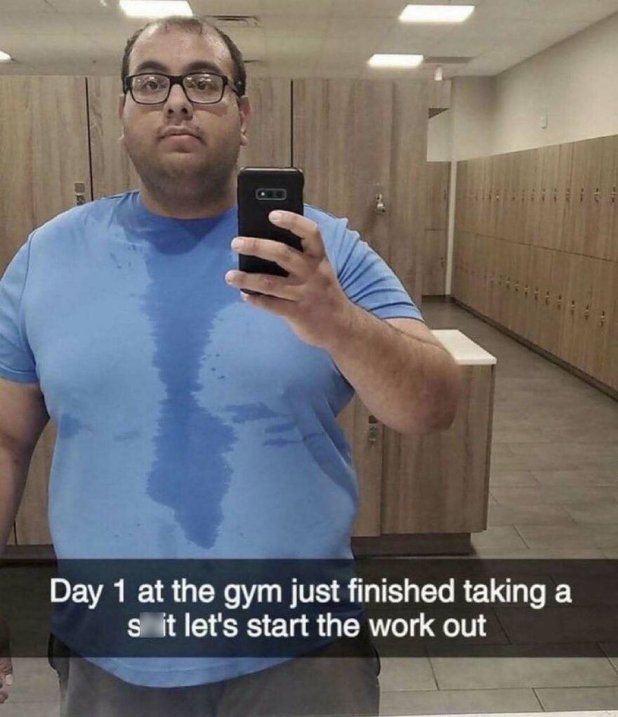 Uncomfortable pic of a man with a sweat-soaked shirt taking a selfie at the gym, revealing disturbing results.