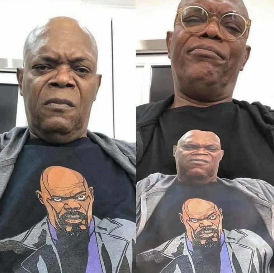 Disturbing pic of Samuel L. Jackson on a shirt with his face on top and on bottom, creating a chaotic image.