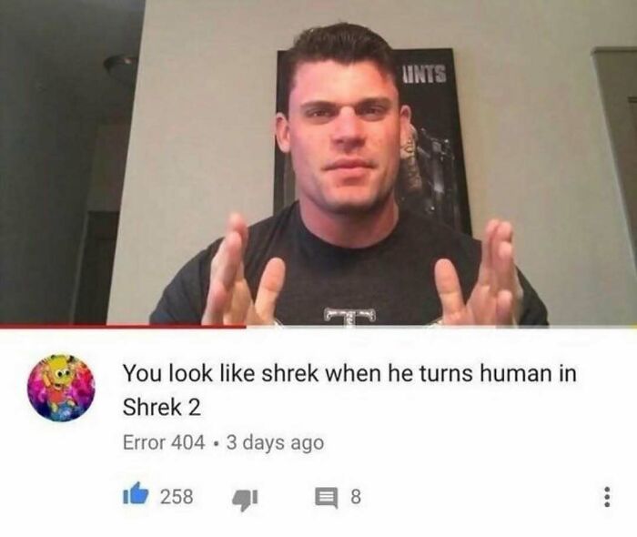 A man with intense facial features above a YouTube comment comparing him to Shrek, highlighting a funny YouTube comment.