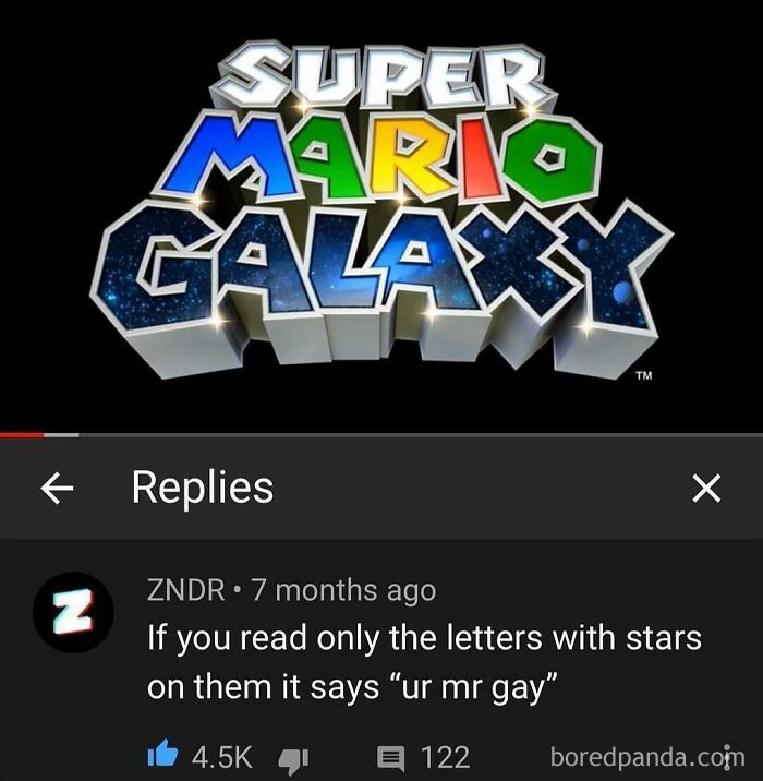 The Super Mario Galaxy logo over a YouTube comment explaining a hidden message, capturing the humor of YouTube comment sections.